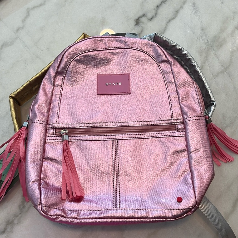 New STATE Bags Metallic Kane Kids Mini Travel Backpack Pink Silver Gold NWT